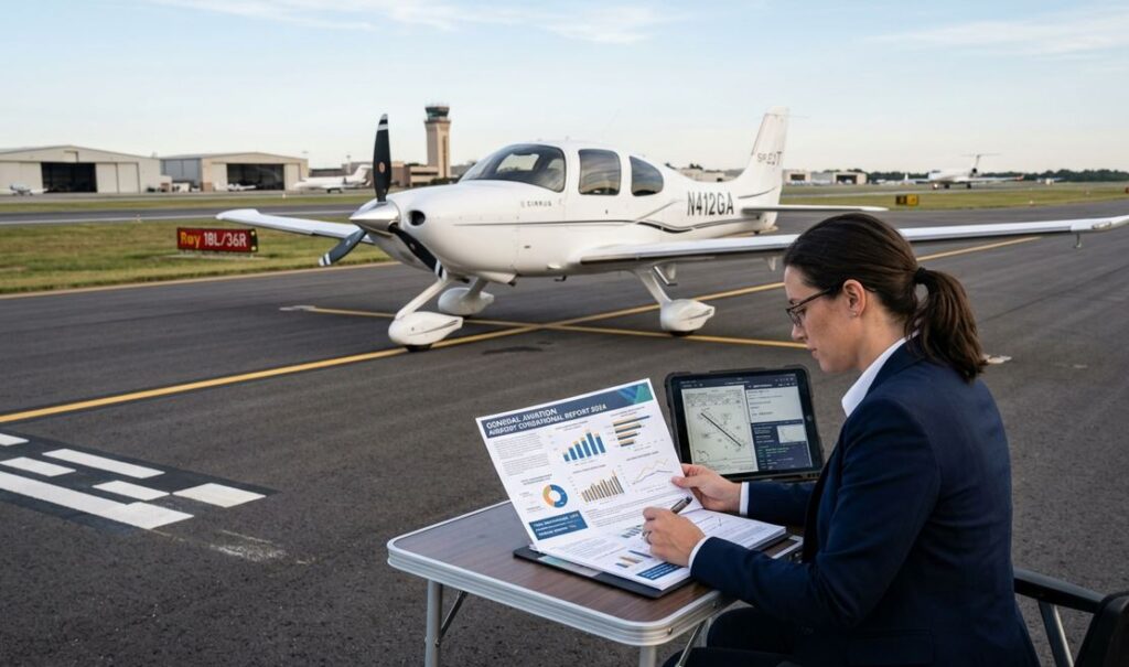 Pilot reviewing data near aircraft.