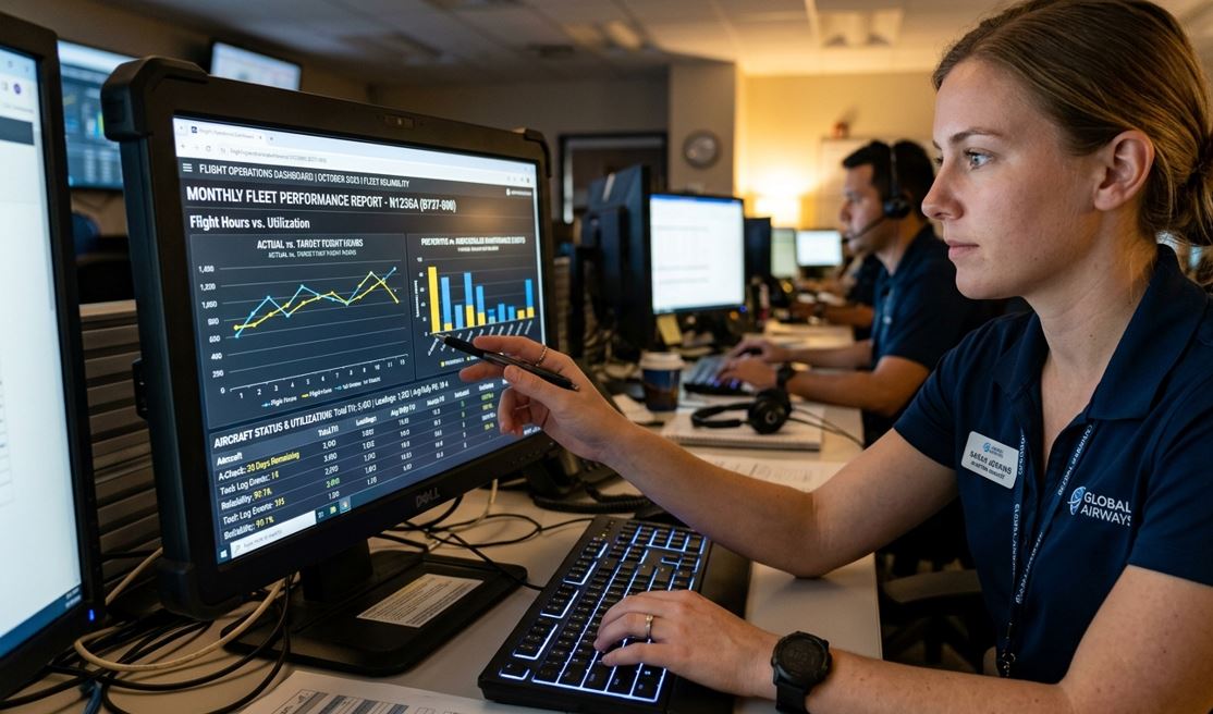 Aviation report data being analyzed with charts and math concepts like statistics and algebra