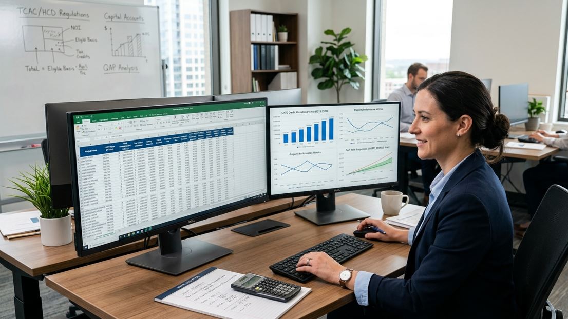 Financial analyst reviewing LIHTC housing data and mathematical investment models