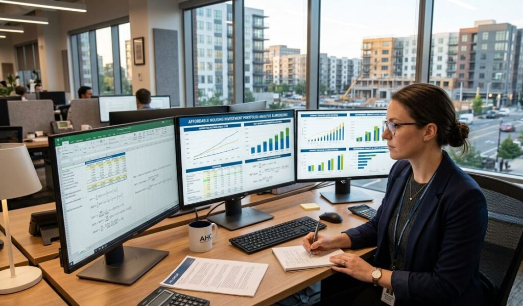 Woman analyzing data at office desk