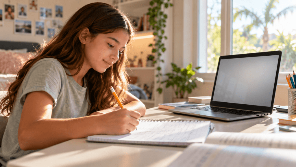 Middle school student working on math at home, preparing with a Shorecrest math tutor online