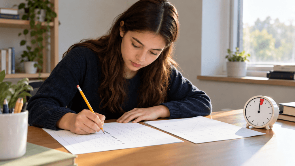 SSAT math prep: student taking a timed practice test with a pencil and no calculator