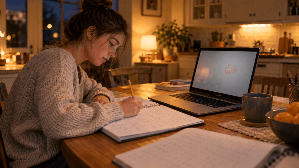High school student working through calculus in the evening, preparing with a Tampa Prep math tutor online