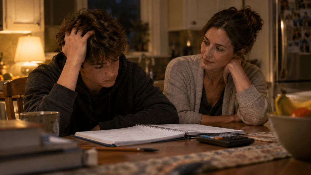 parent helping a teenager with math anxiety at the kitchen table during evening homework