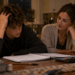 parent helping a teenager with math anxiety at the kitchen table during evening homework